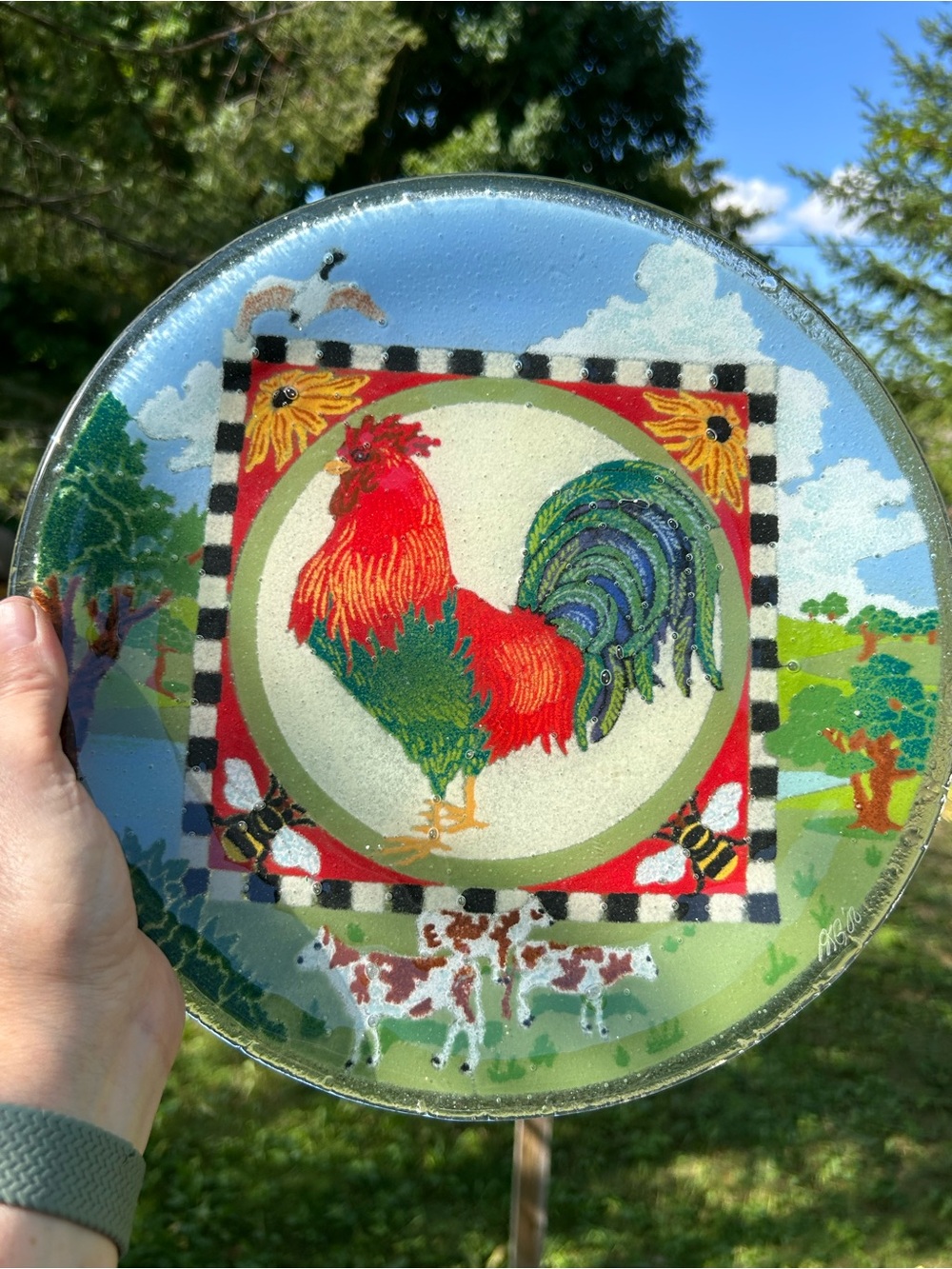Vintage Glass Plate Peggy Karr Signed Fused Rooster Farmhouse Red 11 Inch